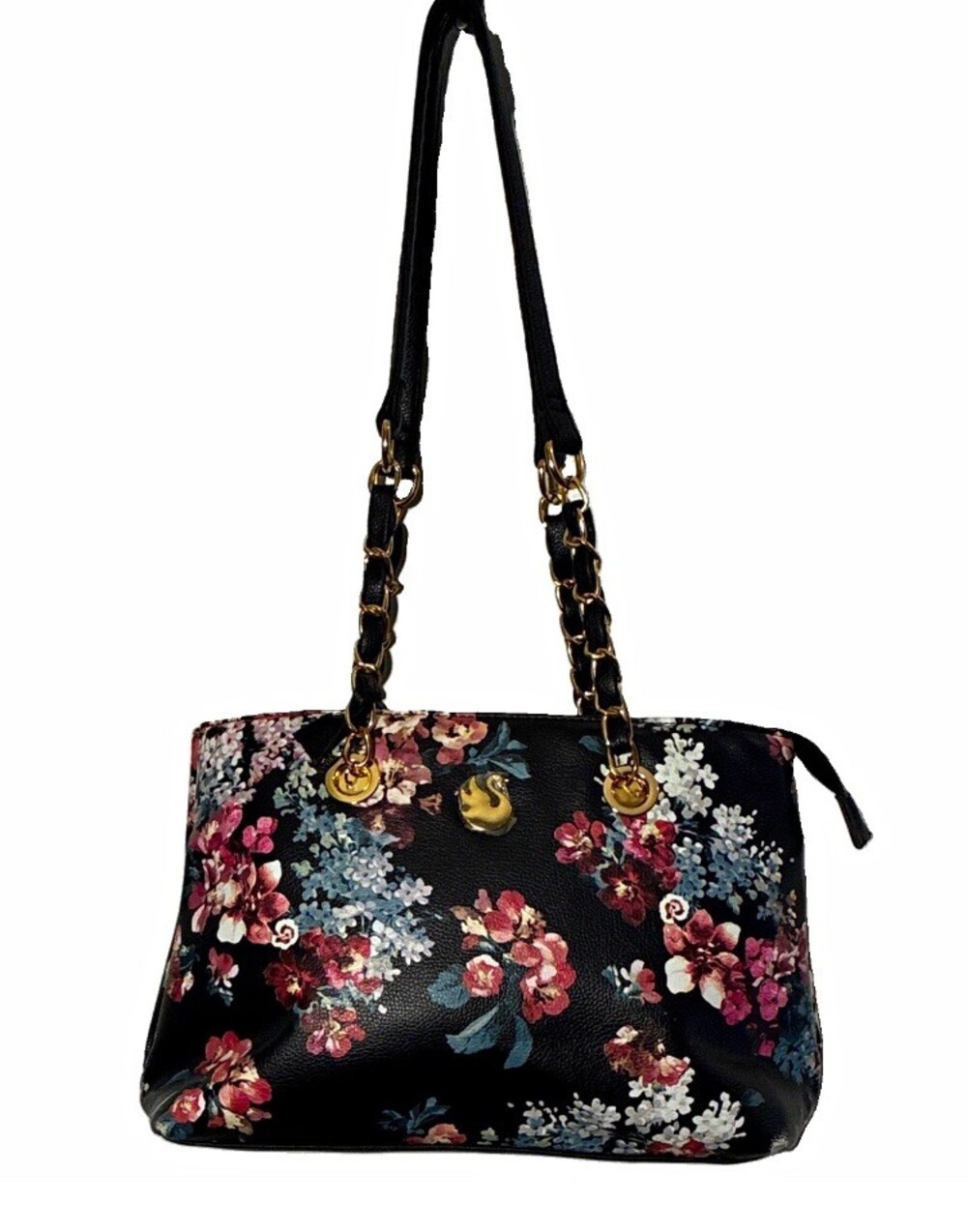 Women’s Black Multicolor Floral Shoulder Bag Gold Chain Strap Zip